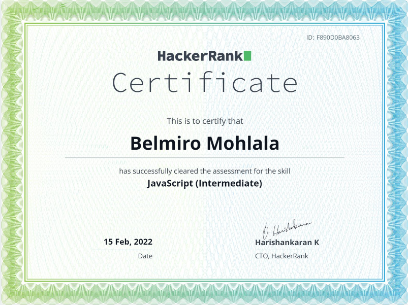 HackerRank certificate